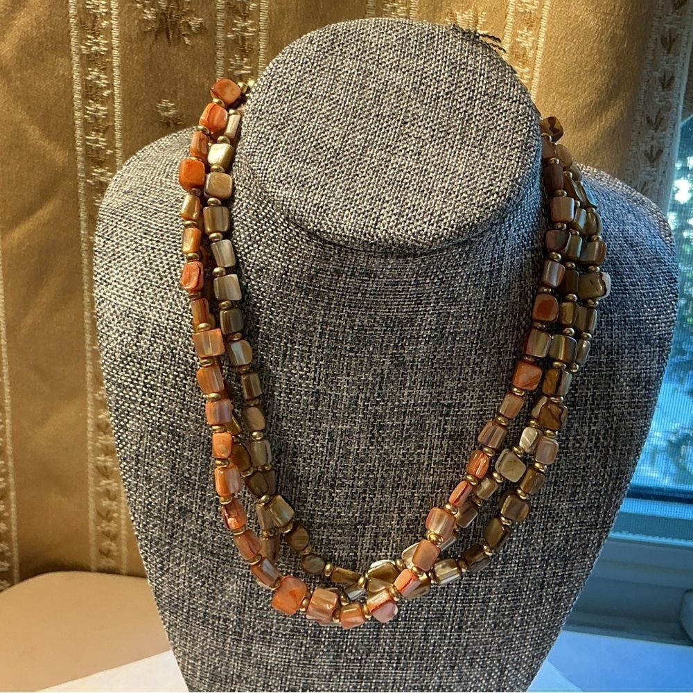 Multi-Strand Beaded Orange and Brown Shell Chip Necklace